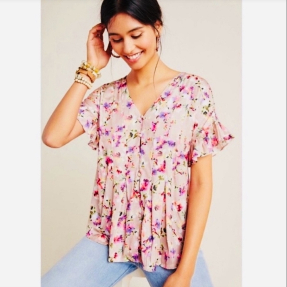 Anthropologie Dolan Left Coast Pink Taupe Floral Ruffle Sleeve Blouse Small
